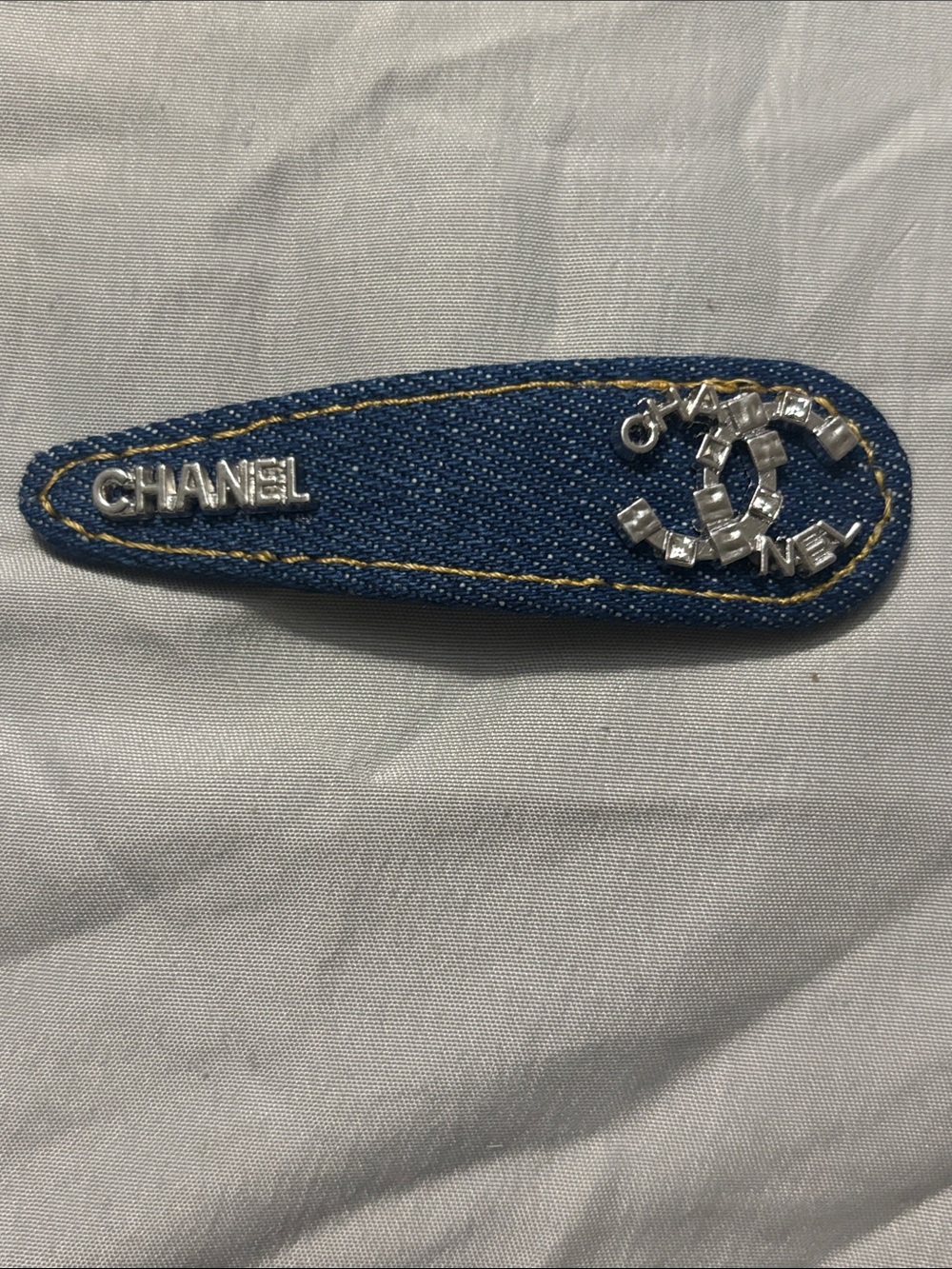 CHANEL Silver Logo Denim Hair Clip